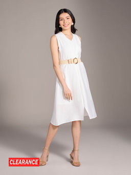 Twenty Dresses by Nykaa Fashion - White Solid Front Slit A Line Midi Dress (Set of 2)