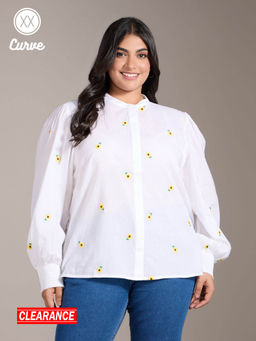 Twenty Dresses by Nykaa Fashion - Curve White Floral Embroidery Mandarin Collar Shirt