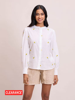 Twenty Dresses by Nykaa Fashion - White Floral Embroidery Mandarin Collar Shirt