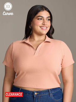 Twenty Dresses by Nykaa Fashion - Curve Apricot Solid Collared Neck Short Sleeves Crop T-Shirt
