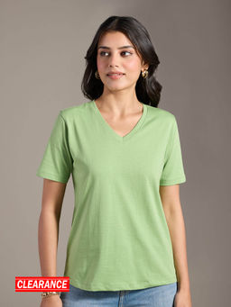 Twenty Dresses by Nykaa Fashion - Basics Green Solid V Neck Short Sleeves T-Shirt
