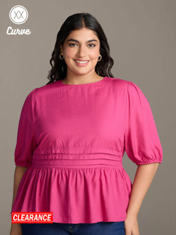 Twenty Dresses by Nykaa Fashion - Curve Fuchsia Pink Solid Round Neck Elbow Sleeves Peplum Top