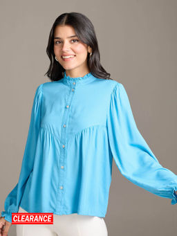 Twenty Dresses by Nykaa Fashion - Light Blue Solid Mandarin Collar Bishop Sleeves Top