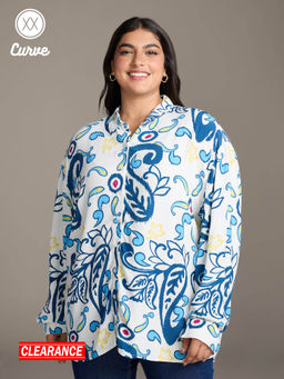 Twenty Dresses by Nykaa Fashion - Curve White And Blue Printed Oversized Shirt