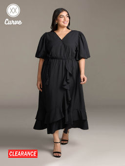 Twenty Dresses by Nykaa Fashion - Curve Black Puff Sleeves Midi Dress with Belt (Set of 2)