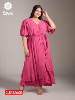 Twenty Dresses by Nykaa Fashion - Curve Pink Puff Sleeves Wrap Midi Dress with Belt (Set of 2)