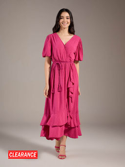 Twenty Dresses by Nykaa Fashion - Fuchsia Pink Puff Sleeves Wrap Midi Dress with Belt (Set of 2)