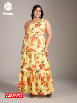 Twenty Dresses by Nykaa Fashion - Curve Yellow Floral One Shoulder Flared Maxi Dress