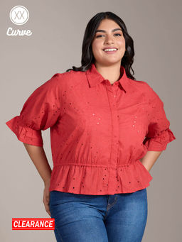 Twenty Dresses by Nykaa Fashion - Curve Red Schiffli Embroidered Ruffled Sleeve Peplum Top