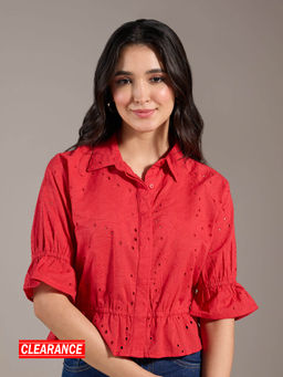 Twenty Dresses by Nykaa Fashion - Red Schiffli Embroidered Ruffle Sleeve Peplum Top