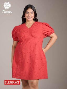 Twenty Dresses by Nykaa Fashion - Curve Red Schiffli Embroidered Puff Sleeves Mini Dress