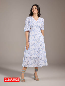 Twenty Dresses by Nykaa Fashion - White Schiffli Embroidered V Neck Midi Dress