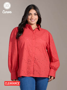 Twenty Dresses by Nykaa Fashion - Curve Red Schiffli Embroidered Full Sleeves Shirt