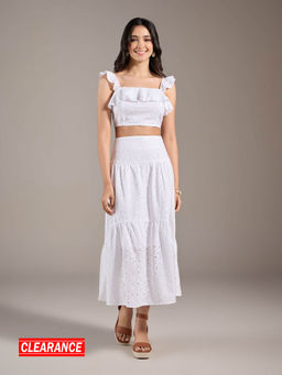 Twenty Dresses by Nykaa Fashion - White Schiffli Ruffled Crop Top Midi Skirt Co-Ord (Set of 2)