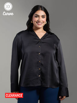 Twenty Dresses by Nykaa Fashion - Curve Black Solid V Neck Collared Full Sleeves Shirt