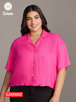 Twenty Dresses by Nykaa Fashion - Curve Fuchsia Pink Solid Resort Collar Crop Shirt