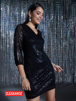Twenty Dresses by Nykaa Fashion - Curve Party Black Sequin V Neck Sheath Knee Length Dress