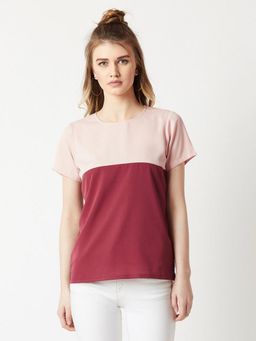 Miss Chase - Womens Blush Pink & Maroon Round Neck Short Sleeve Color Block Solid Boxy Top
