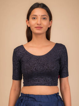 BINDIGASM'S ADVI - Rosey Metallic Rose Stretchable Slip On Navy Blue Stitched Blouse