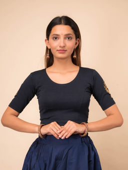 BINDIGASM'S ADVI - Vriksha Tree of Life Embroidery Stretchable Slip On Navy Blue Stitched Blouse