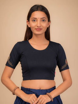 BINDIGASM'S ADVI - Diya Cut Work Neck Embroidery Stretchable Slip On Navy Blue Stitched Blouse