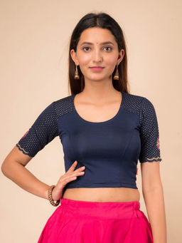 BINDIGASM'S ADVI - Shagun Embroidery with Cut Work Stretchable Slip On Navy Blue Stitched Blouse