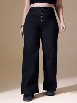 Miss Chase - A+ Curve Collection Plus Size Women's Black Solid Wide Fit Jeans