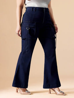 Miss Chase - A+ Curve Collection Plus Size Women's Navy Blue Solid Bootcut Fit Jeans