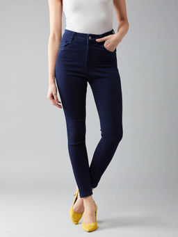 DOLCE CRUDO - Women's Navy Blue Solid Skinny Fit Jeans