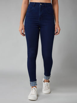 DOLCE CRUDO - Women's Navy Blue Embellished Skinny Fit Jeans