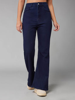 DOLCE CRUDO - Women's Navy Blue Solid Regular Fit Jeans