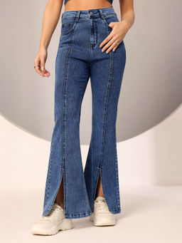 DOLCE CRUDO - Women's Navy Blue Solid Regular Fit Jeans