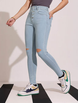 DOLCE CRUDO - Women's Blue Solid Skinny Fit Jeans