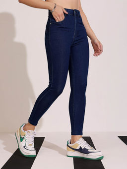 DOLCE CRUDO - Women's Navy Blue Solid Skinny Fit Jeans