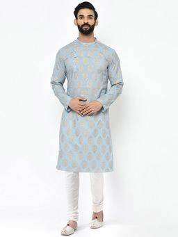 KISAH - Men Blue Printed Cotton Blend Kurta Churidar Set with Ethnic Motifs