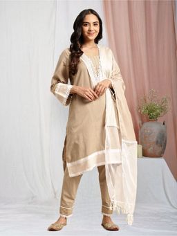 Zuri - Beige Handloom Ikat Cotton Kurta with Pintuck Pant and Embroidered Dupatta - Set of 3