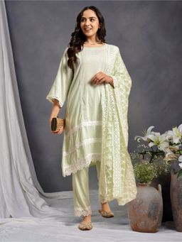 Zuri - Pista Green Lace Scalloped Cotton Kurta with Lace Pant and Embroidered Dupatta - Set of 3