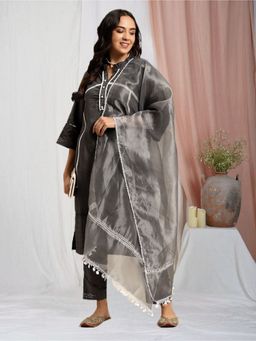 Zuri - Dark Grey Pleated Lace Hand Embroidered Cotton Kurta with Lace Pant and Organza Dupatta - Set of 3
