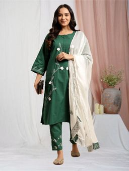 Zuri - Green 3D Patch Work Embroidered Cotton Kurta with Embroidered Pant and Dupatta - Set of 3