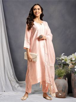 Zuri - Light Pink Embroidered Chanderi Kurta with Embroidered Pant and Dupatta - Set of 3