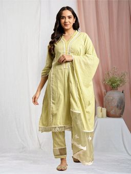 Zuri - Lemon Embroidered Cotton Dobby Kurta with Lace Pant and Embroidered Dupatta - Set of 3
