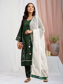Zuri - Royal Green Patch Work Embroidered Cotton Kurta with Embroidered Pant and Dupatta - Set of 3