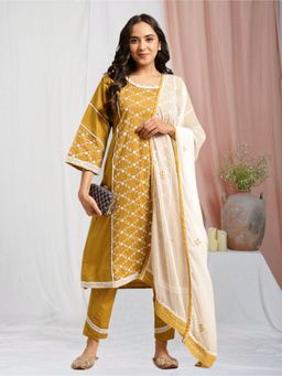 Zuri - Mustard Embroidered Cotton Kurta with Lace Pant and Embroidered Dupatta - Set of 3