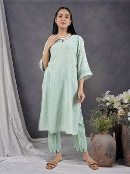 Zuri - Green Hand Embroidered Cotton Kurta Paired With Matching Pant