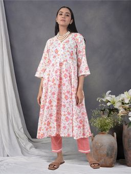Zuri - White and Pink Printed Cotton Anarkali Paired With Matching Pant