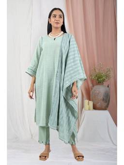 Zuri - Green Hand Embroidered Cotton Kurta Paired With Matching Pant And Dupatta