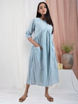 Zuri - Blue Embroidered Cotton Dress