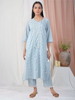 Zuri - Sky Blue Embroidered Cotton Angrakha Paired With Matching Pant