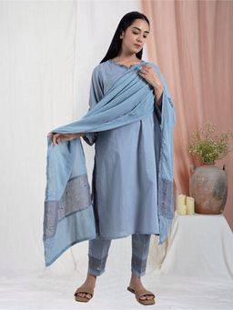 Zuri - Dark Blue colorful Hand Embroidered Cotton Kurta With Matching Pant And Dupatta