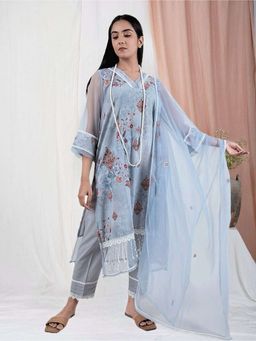 Zuri - Grey Digital print Cotton kurta With Matching Pant And Dupatta